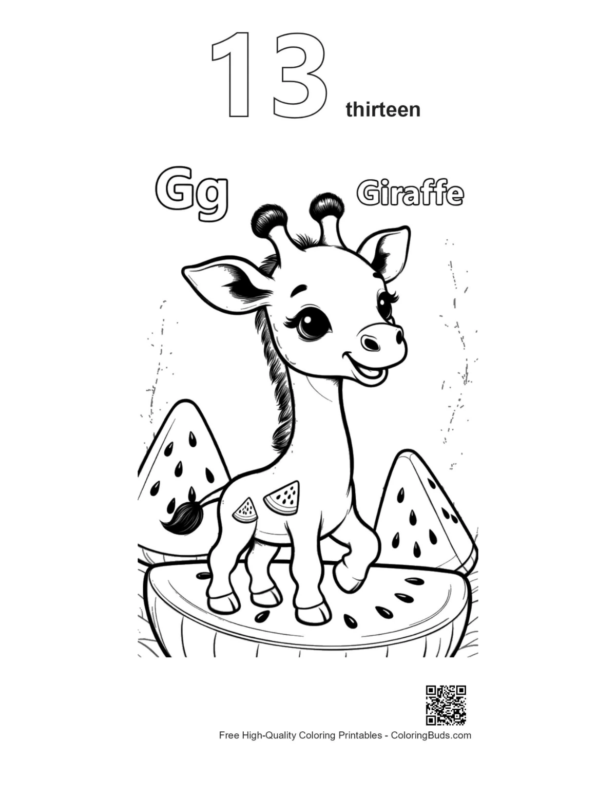 Giraffe eating leaves coloring page with number 13 outline