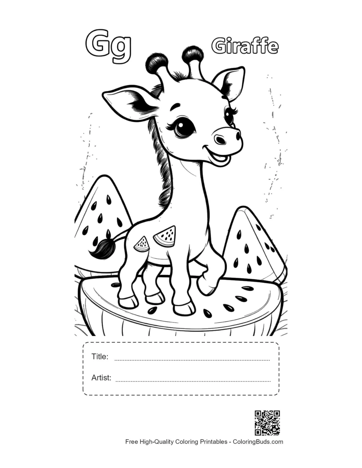 Giraffe eating leaves printable with title and artist box