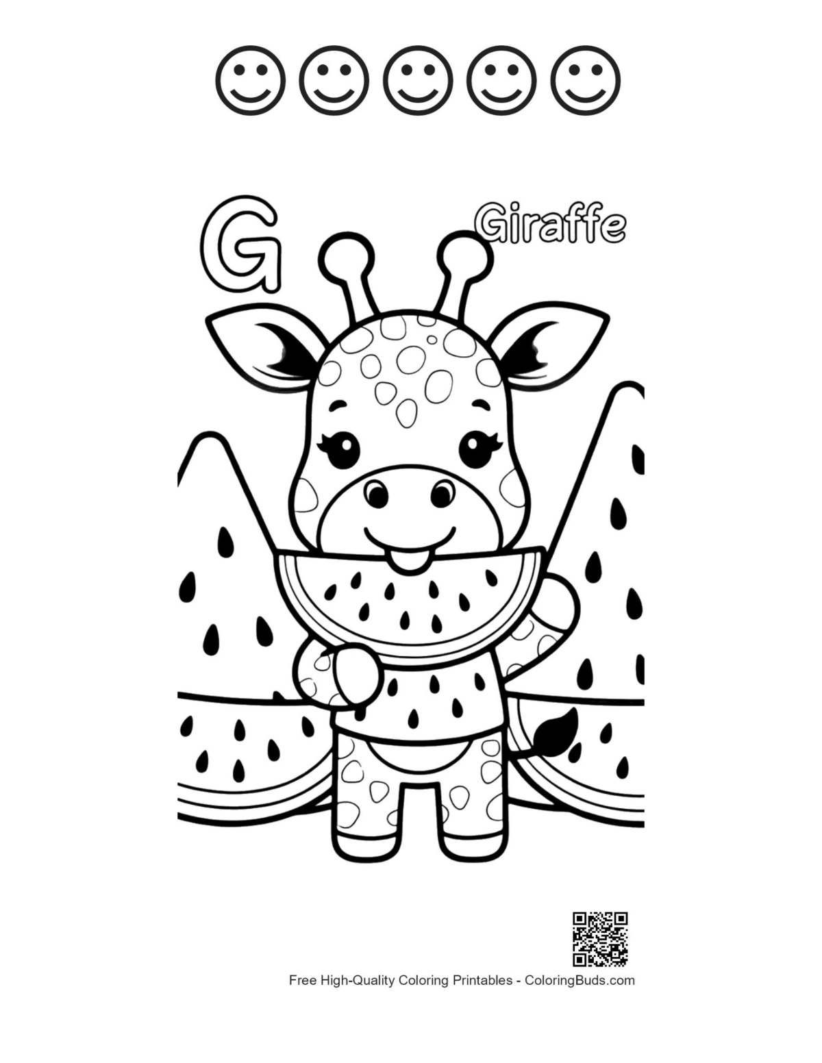 Giraffe coloring page with 5 happy faces