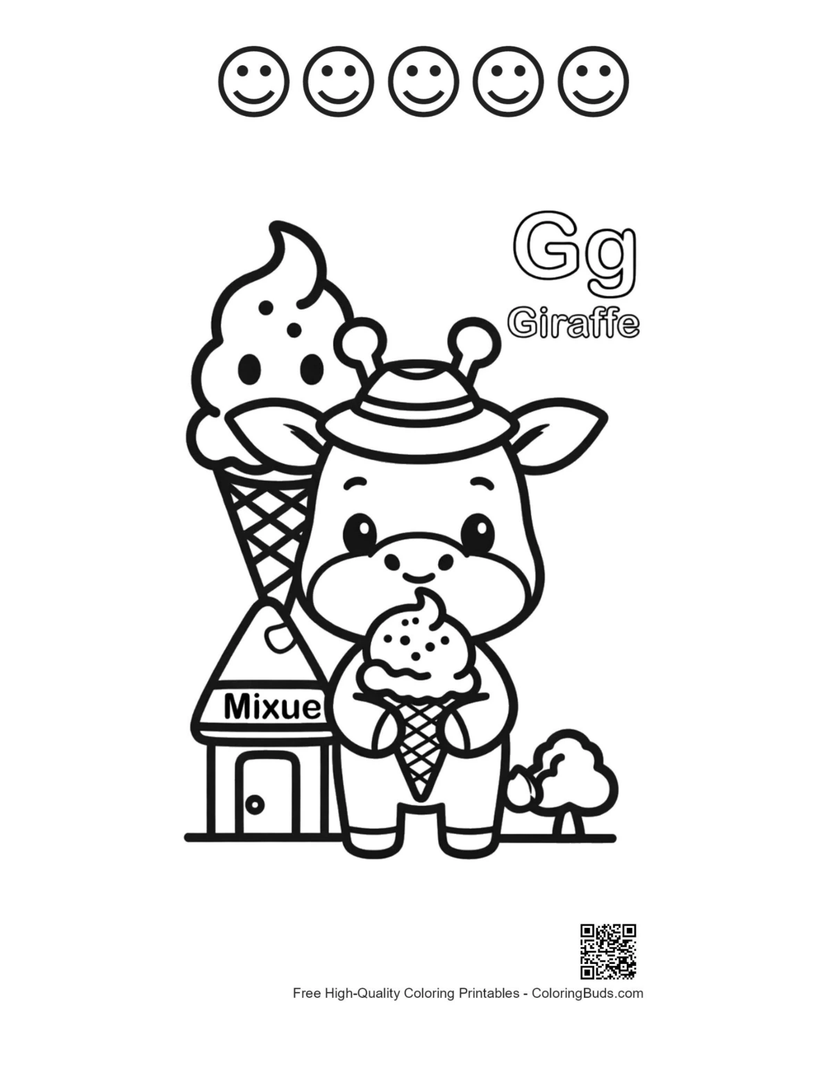 Giraffe leaves coloring with happy faces printable