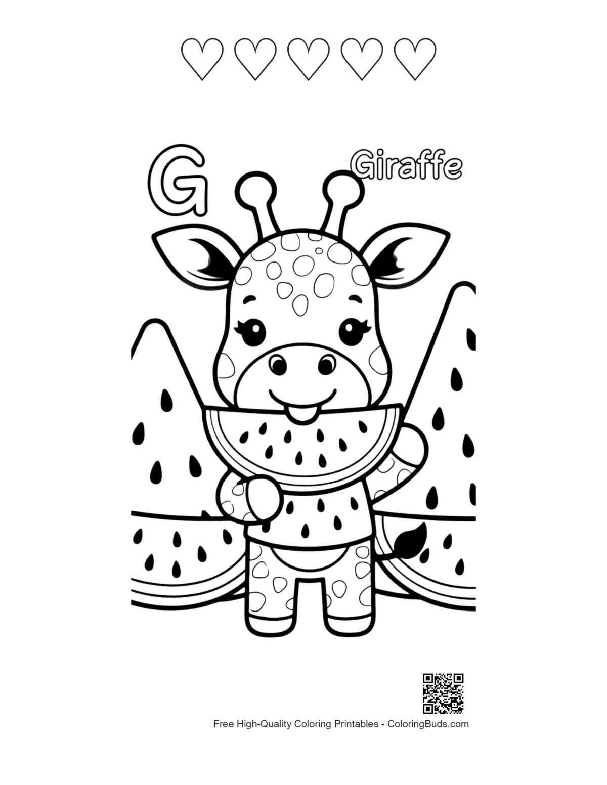 Printable giraffe eating leaves with heart outlines