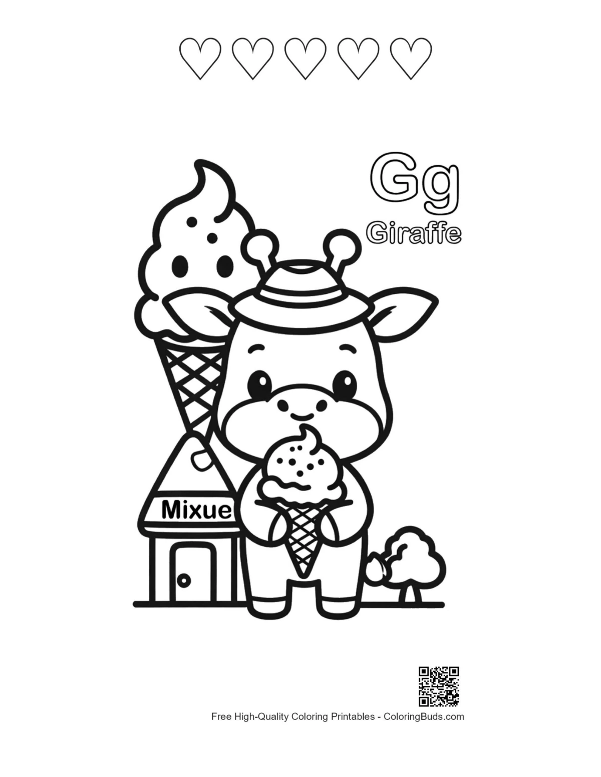 Giraffe eating leaves hearts coloring page printable