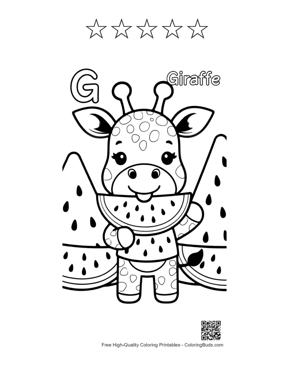 Printable giraffe sheet with 5 star outlines