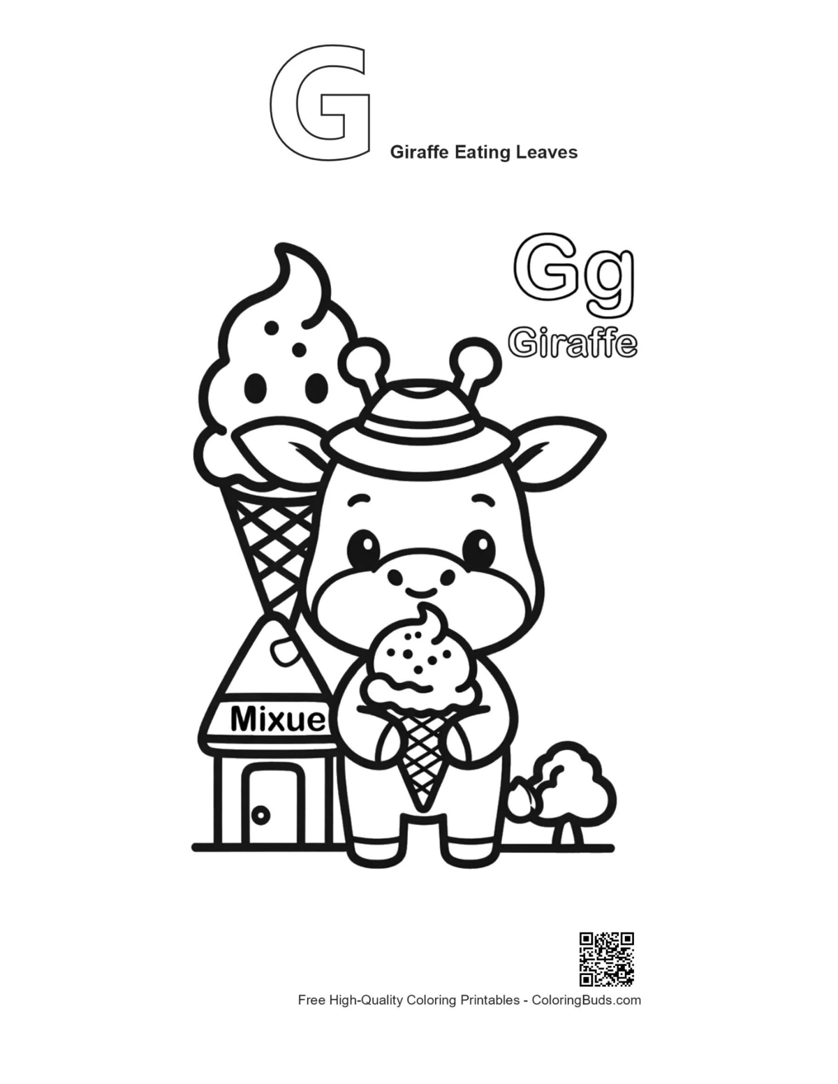 Alphabet G giraffe eating leaves outline printable