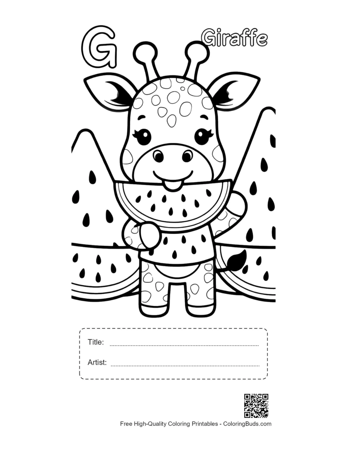 Printable giraffe eating leaves sheet with title box