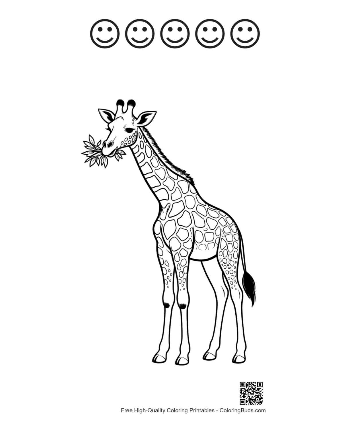 Giraffe munching leaves with happy faces outline