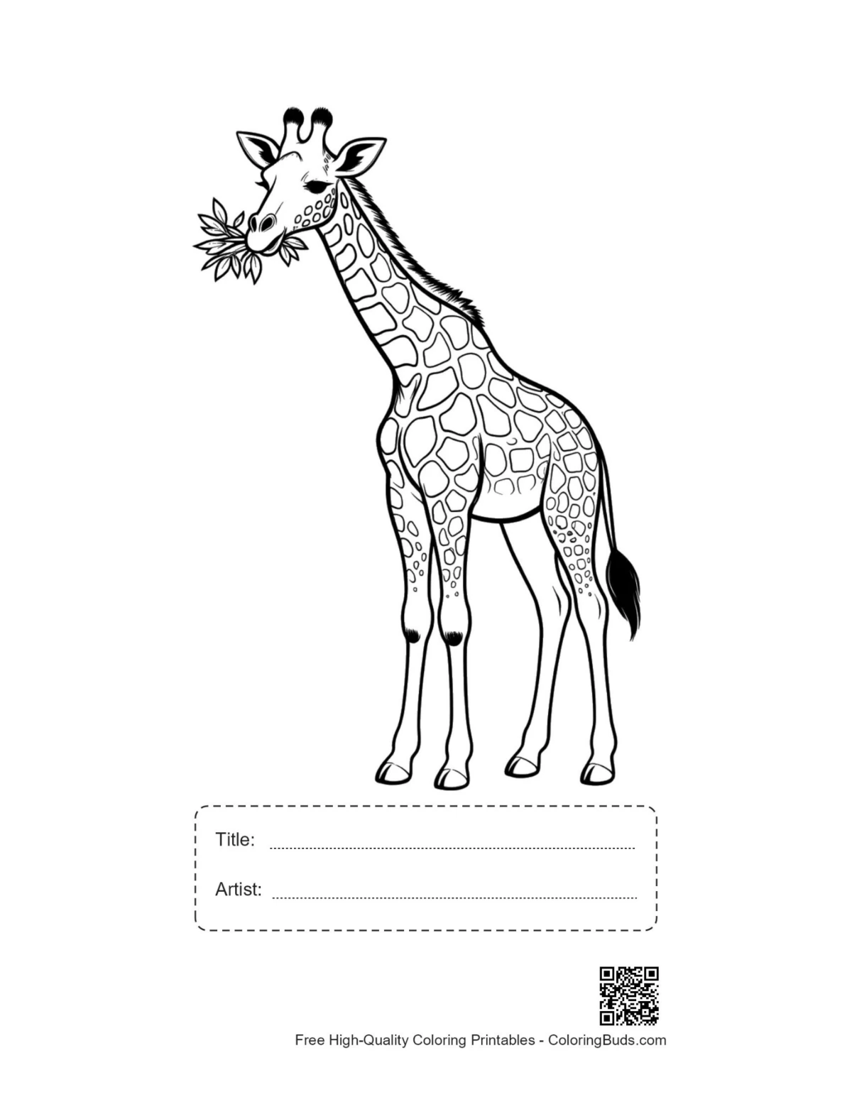 Giraffe eating leaves printable with title box