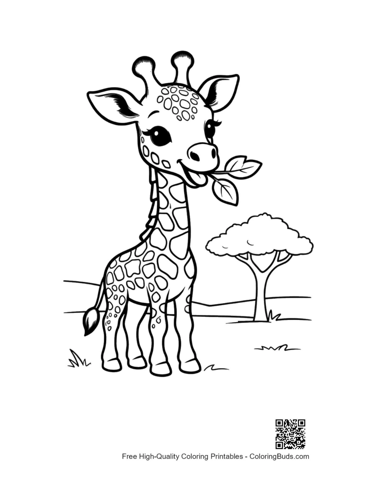 Happy baby giraffe in blooming flower garden printable