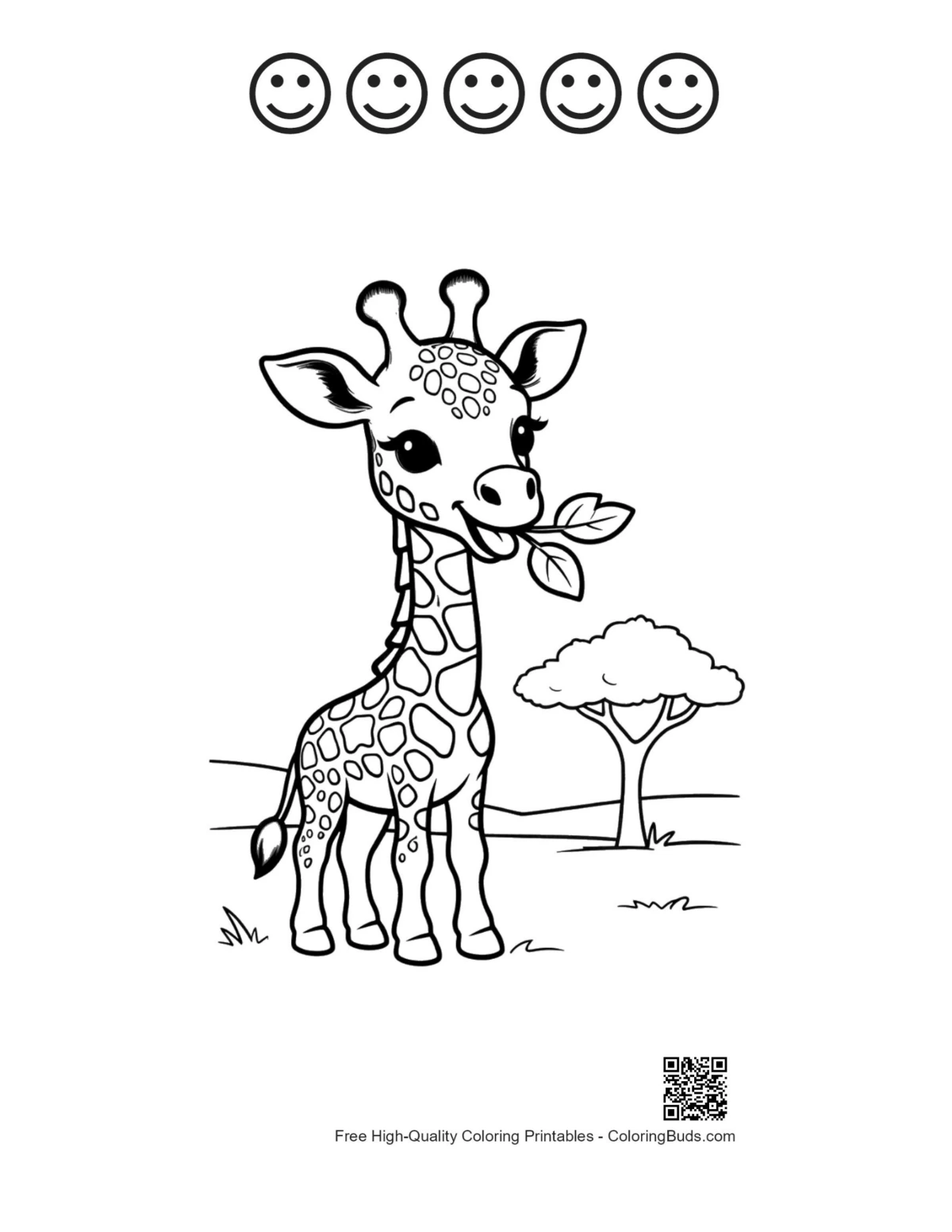 Happy giraffe with 5 happy face outlines printable