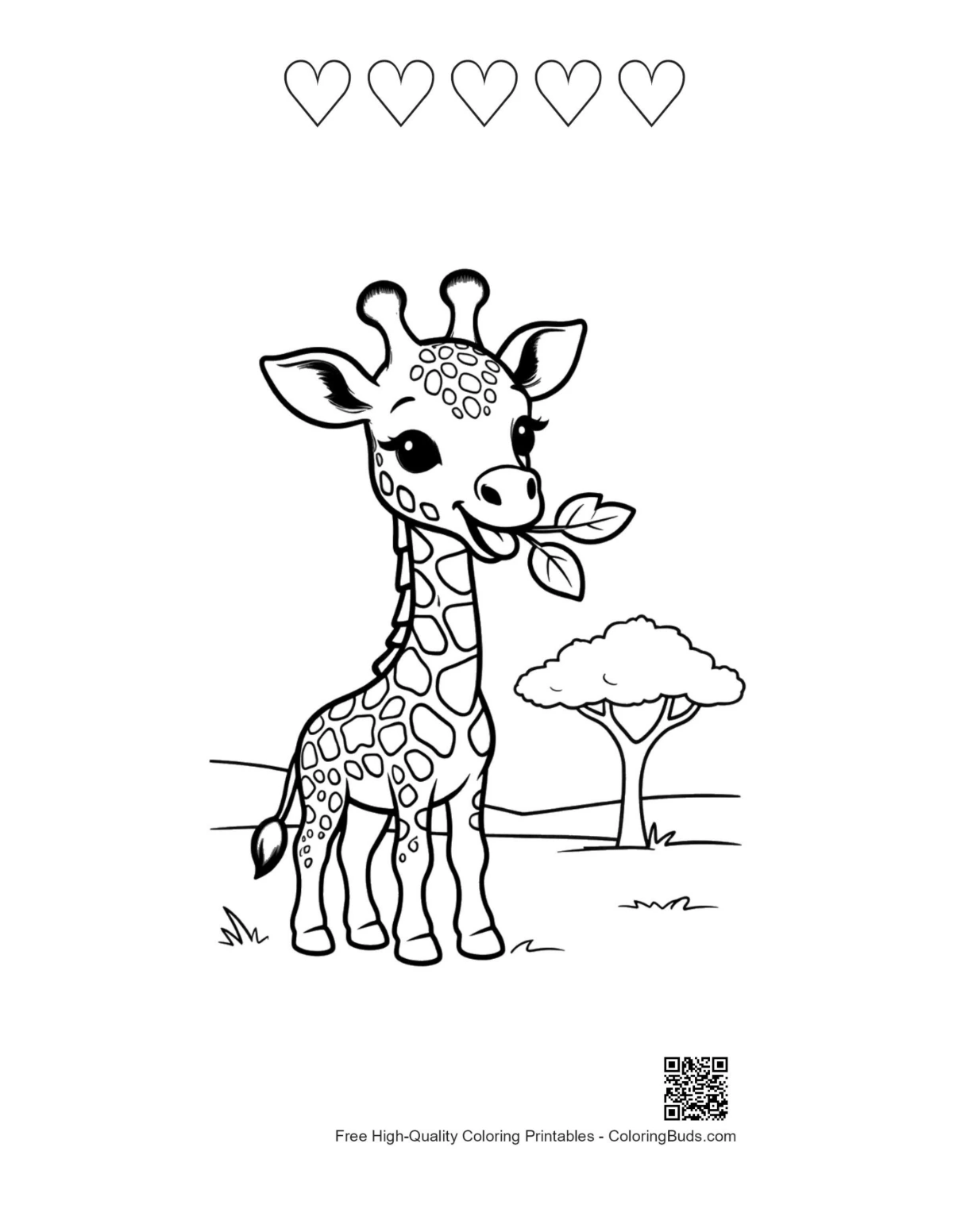 Cute giraffe garden printable with 5 heart outlines