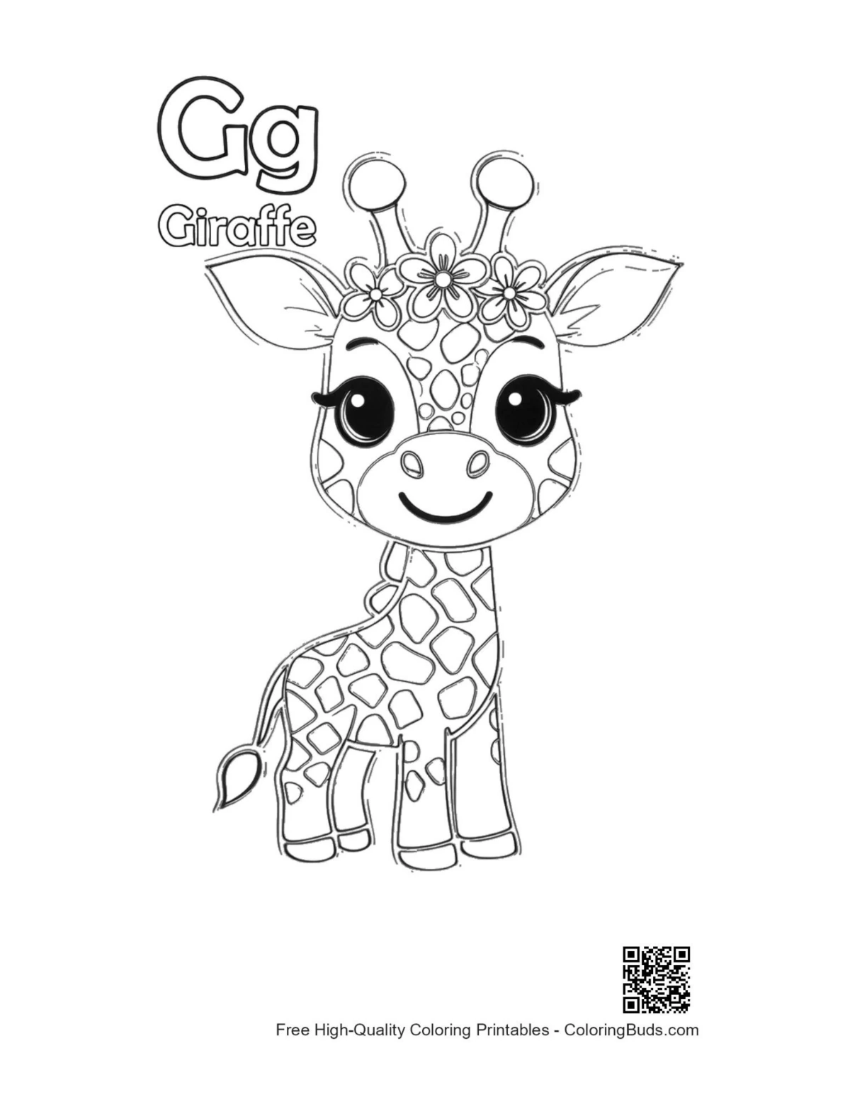 Cute giraffe calf with balloons grassy field coloring page
