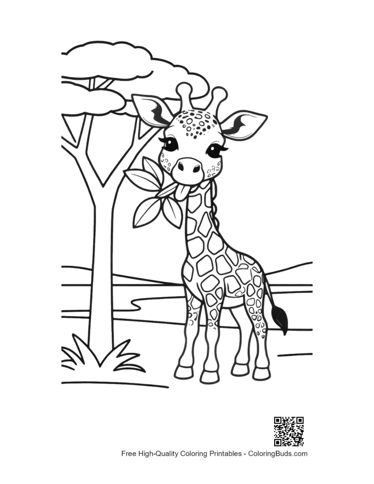 Cute small giraffe calf flower crown butterflies coloring page