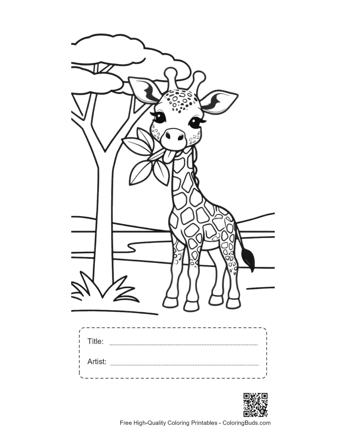 Small giraffe calf printable with title artist box coloring sheet