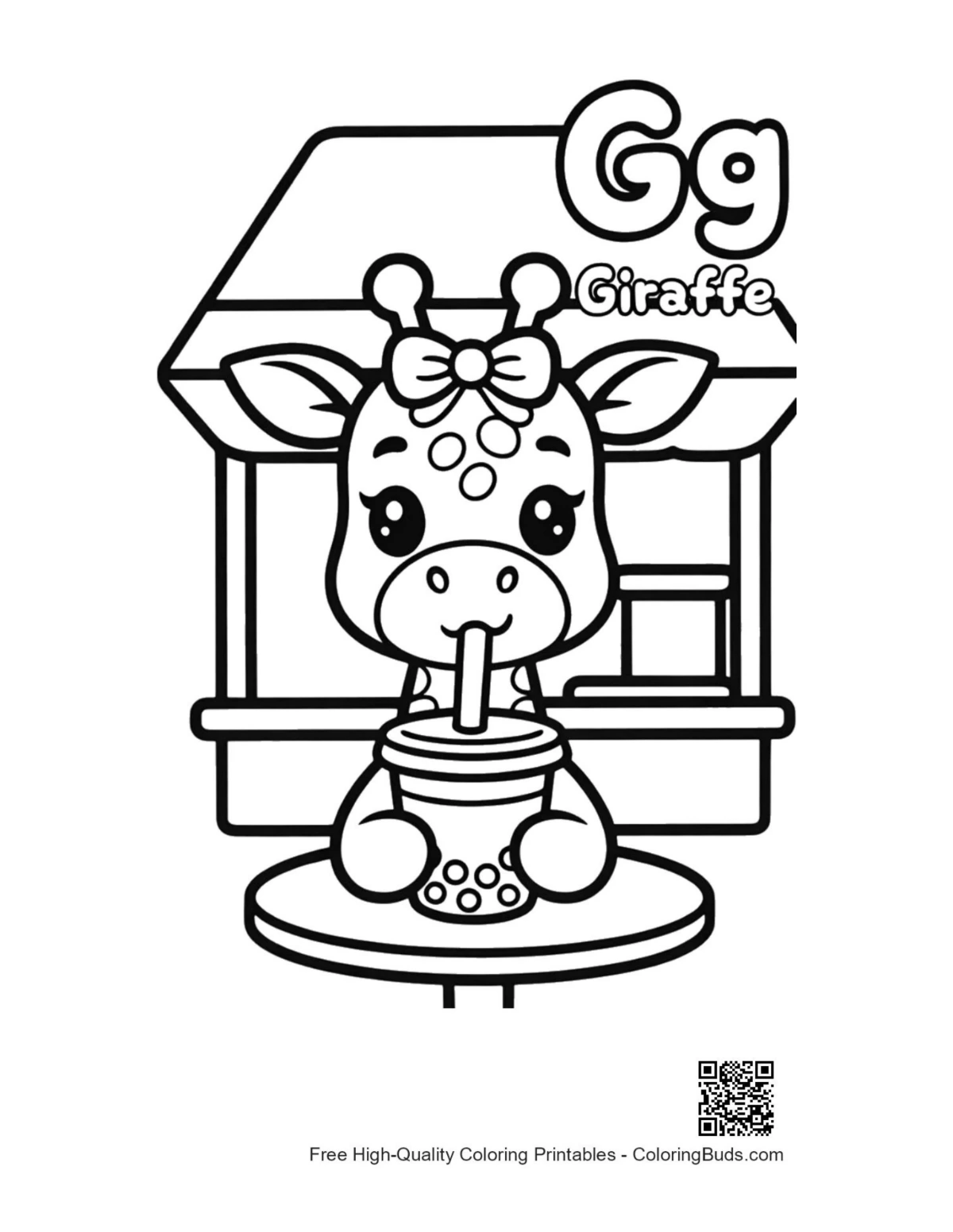 Cute small giraffe by boba tea stand coloring printable
