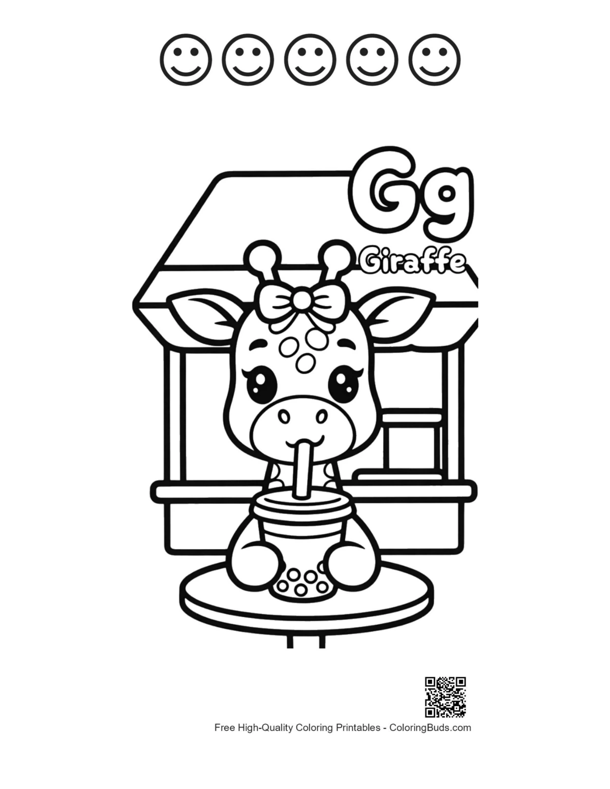 Giraffe next to boba stand with 5 happy faces printable