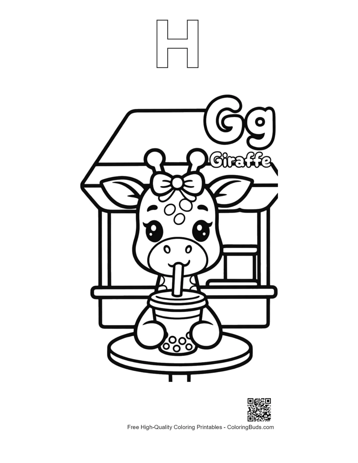 Giraffe boba tea printable outline with alphabet H