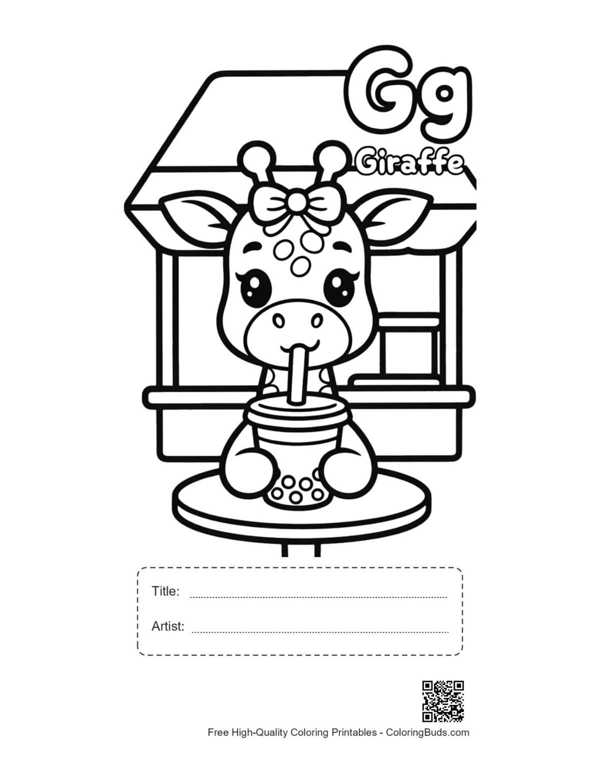 Small giraffe boba stand printable with title artist box
