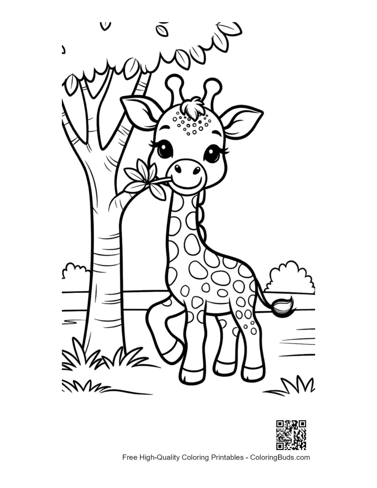 Cute baby giraffe in spring wildflowers coloring printable