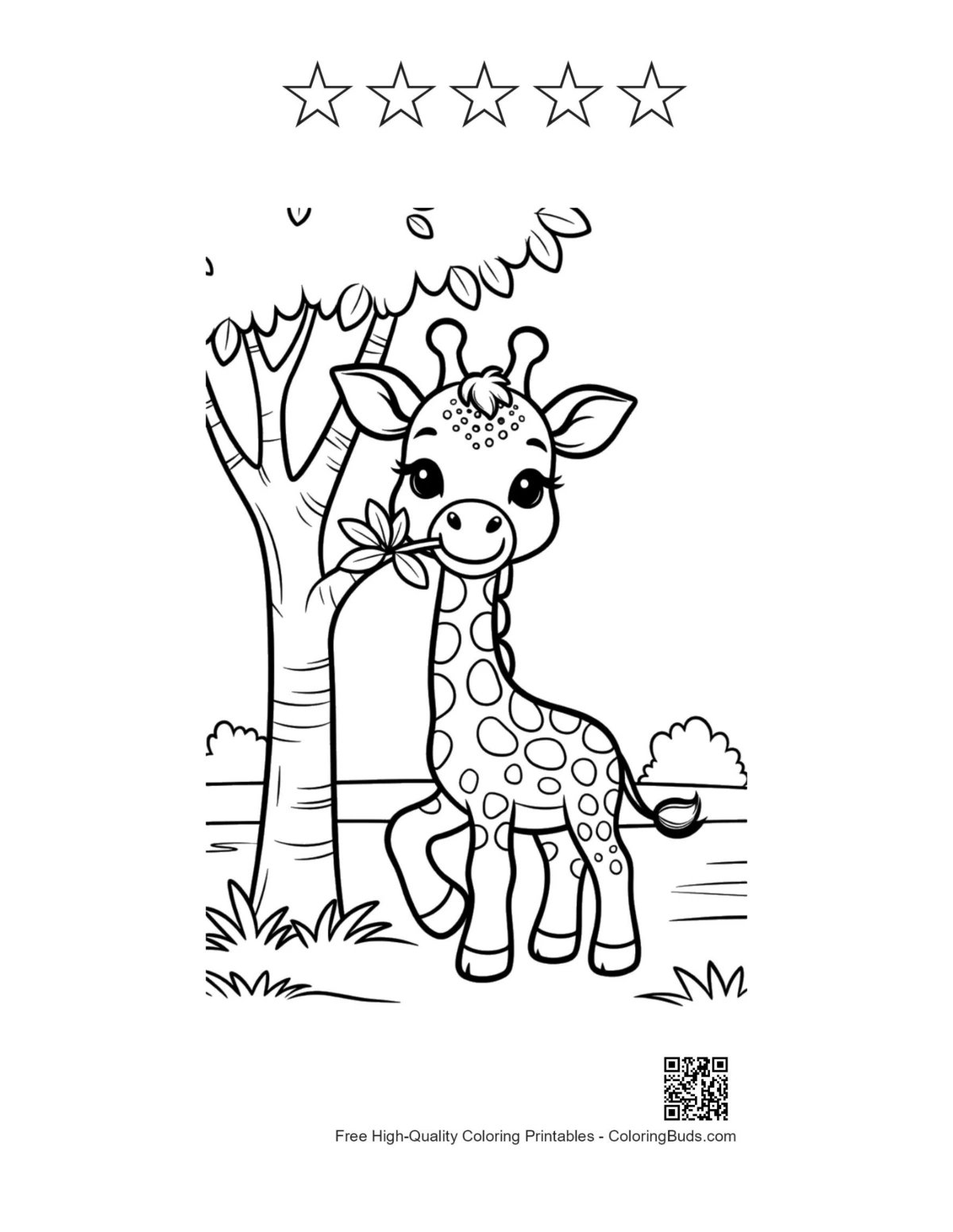 Baby giraffe wildflowers with 5 star outlines printable