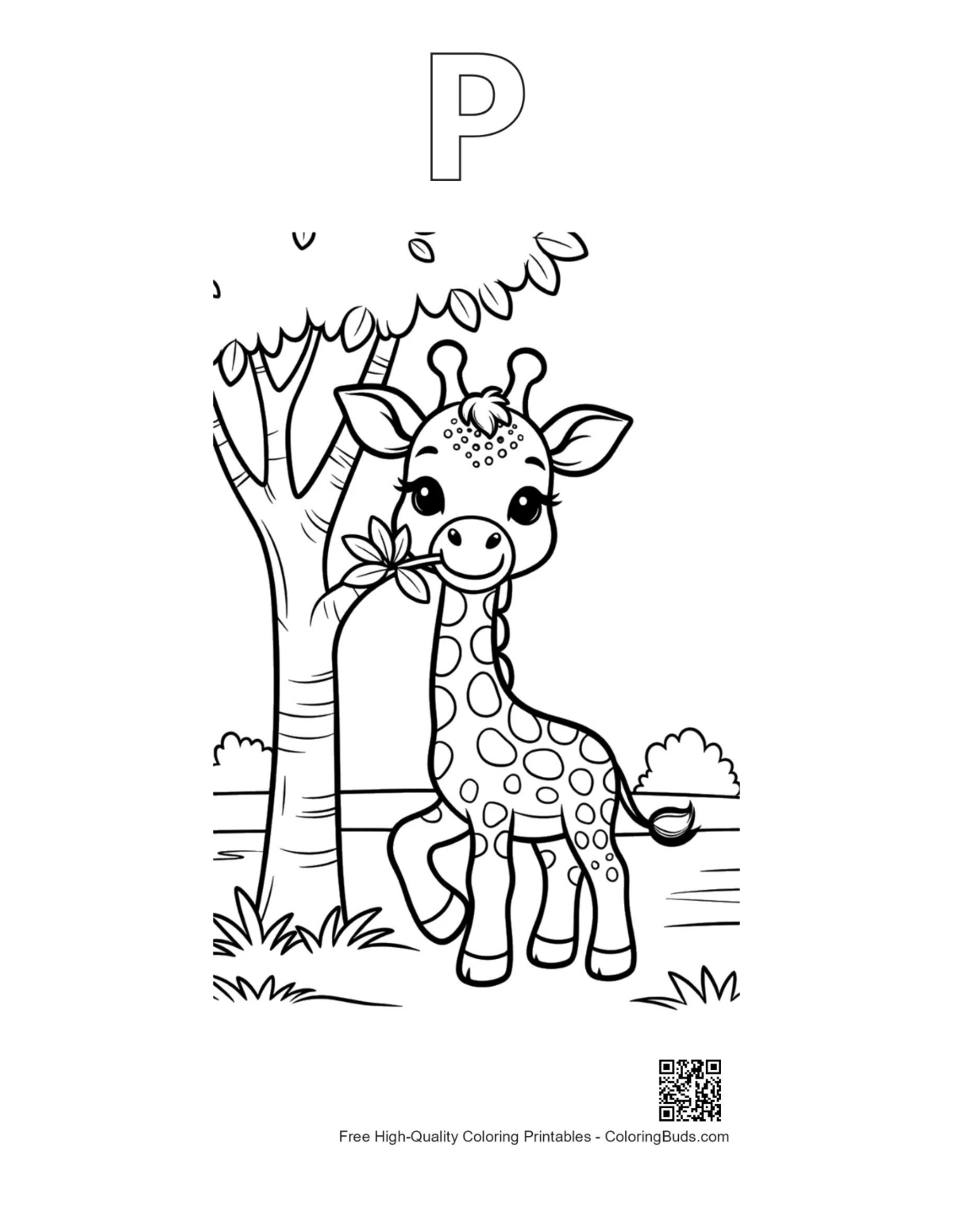 Baby giraffe wildflowers outline with alphabet P printable
