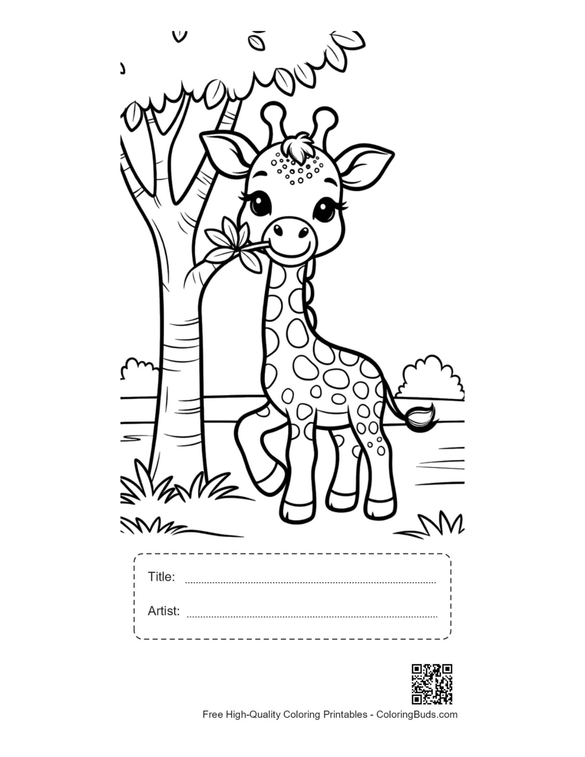Baby giraffe wildflowers printable with title artist box