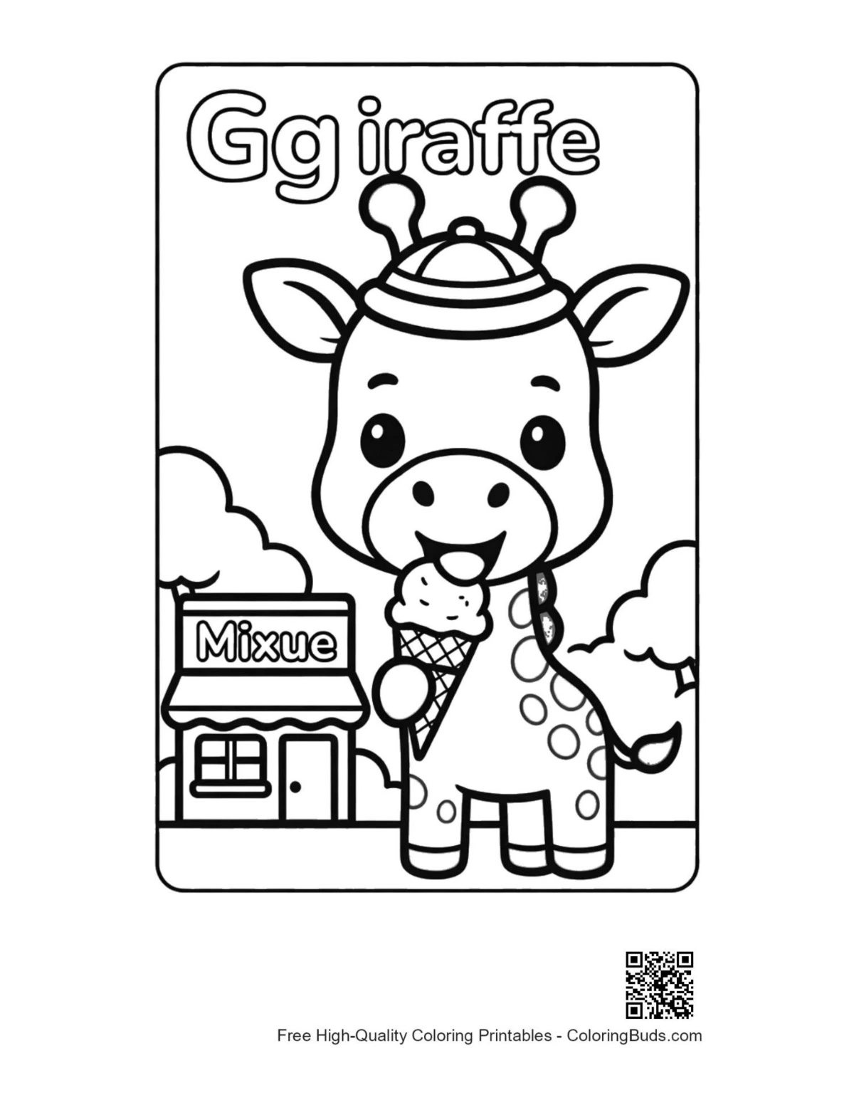Sweet giraffe by ice cream stand coloring printable