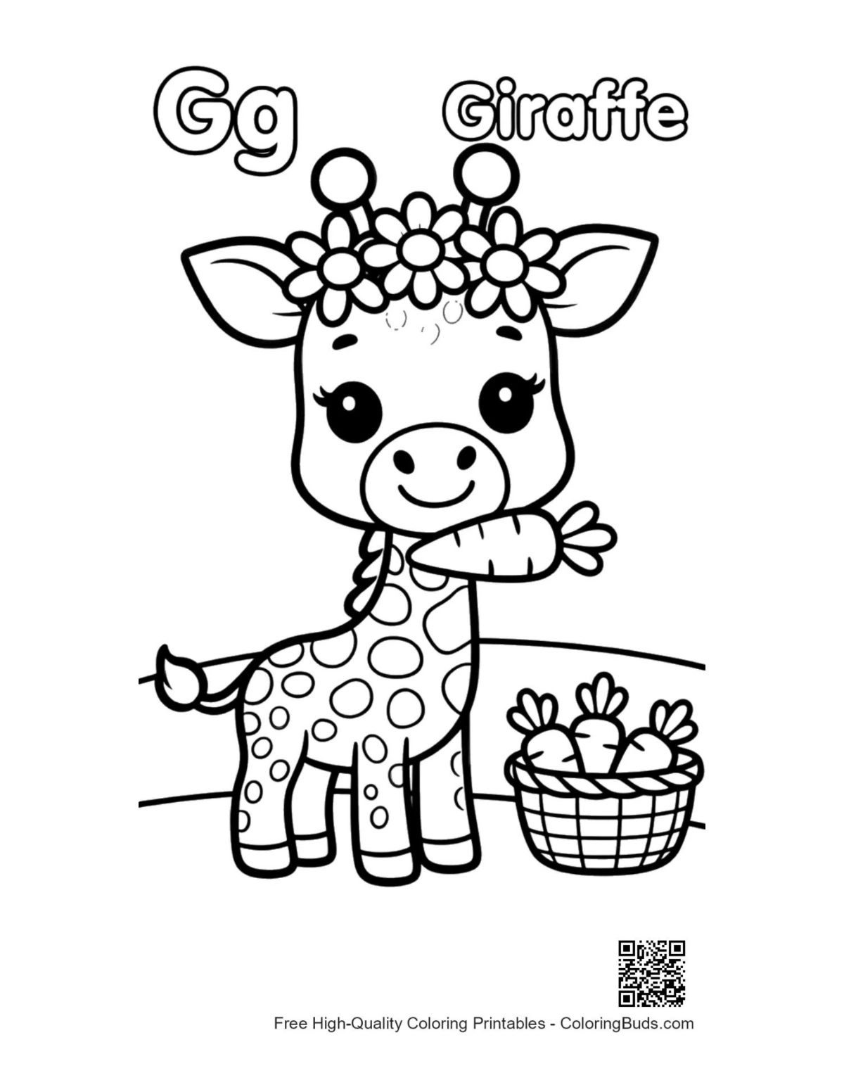 Sweet giraffe snacking on carrots with flowers printable