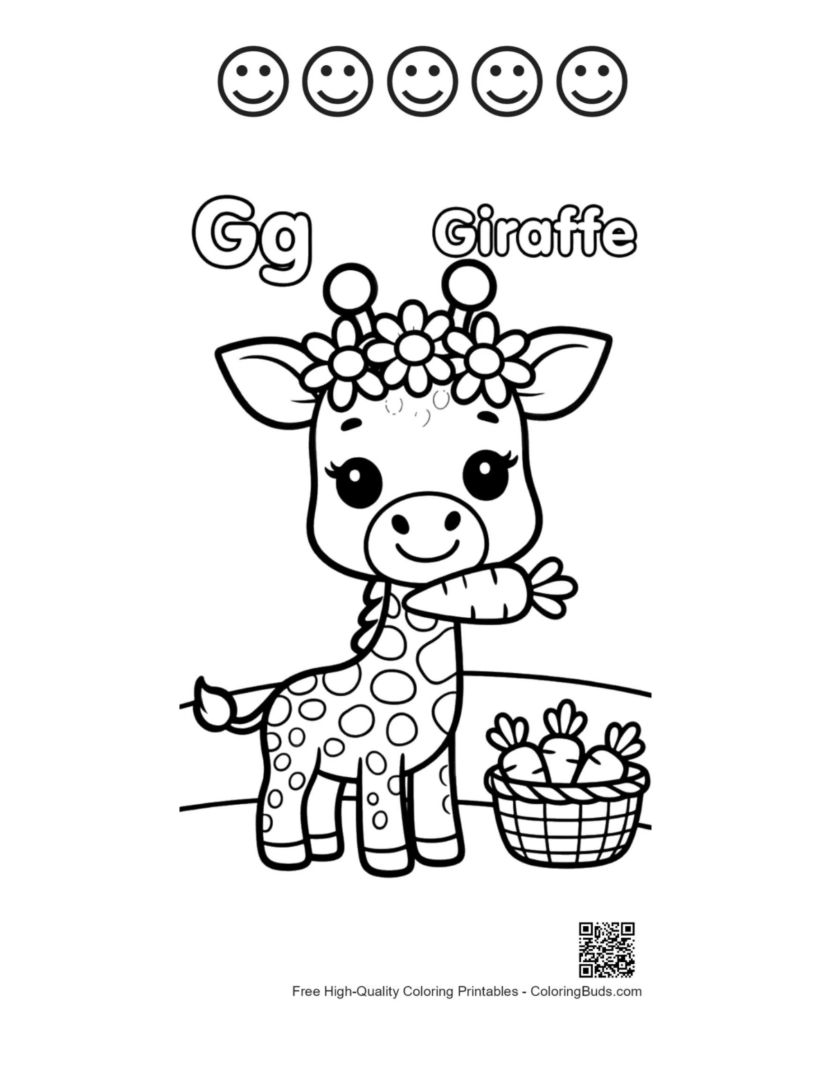 Cute giraffe with 5 happy faces outline printable