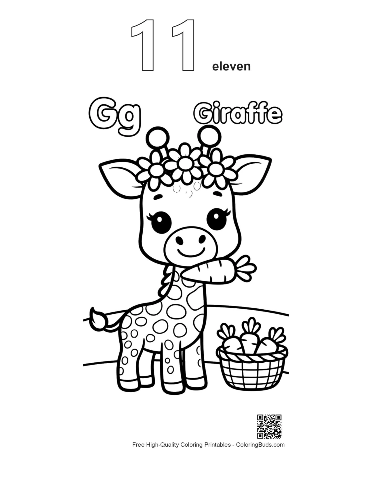 Giraffe outline number 11 snacking on carrots printable