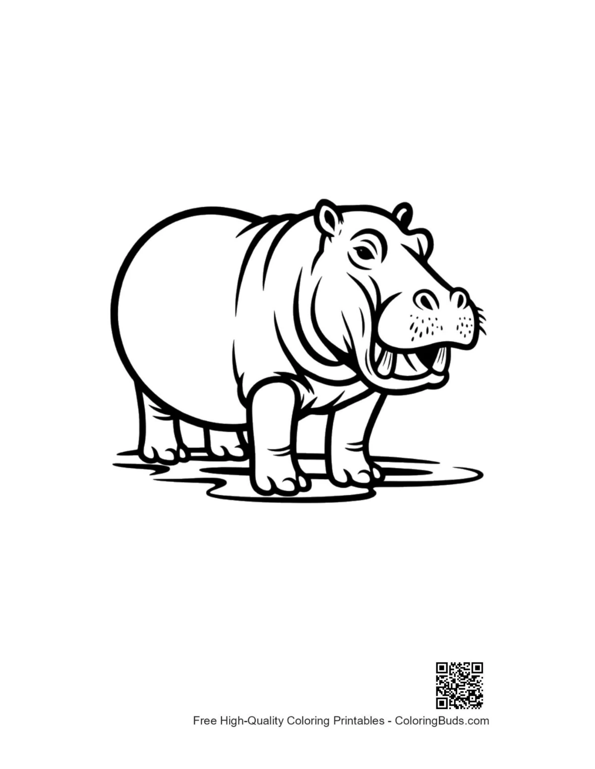 Cheerful hippo standing in shallow water coloring page
