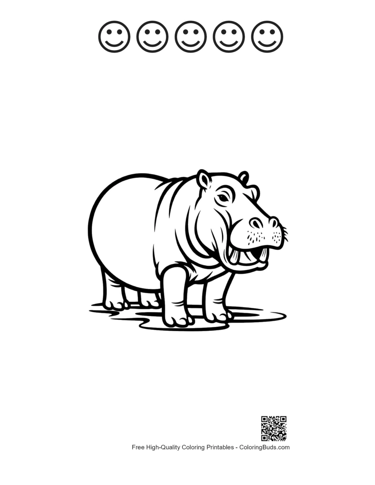 Hippo coloring page with 5 happy faces