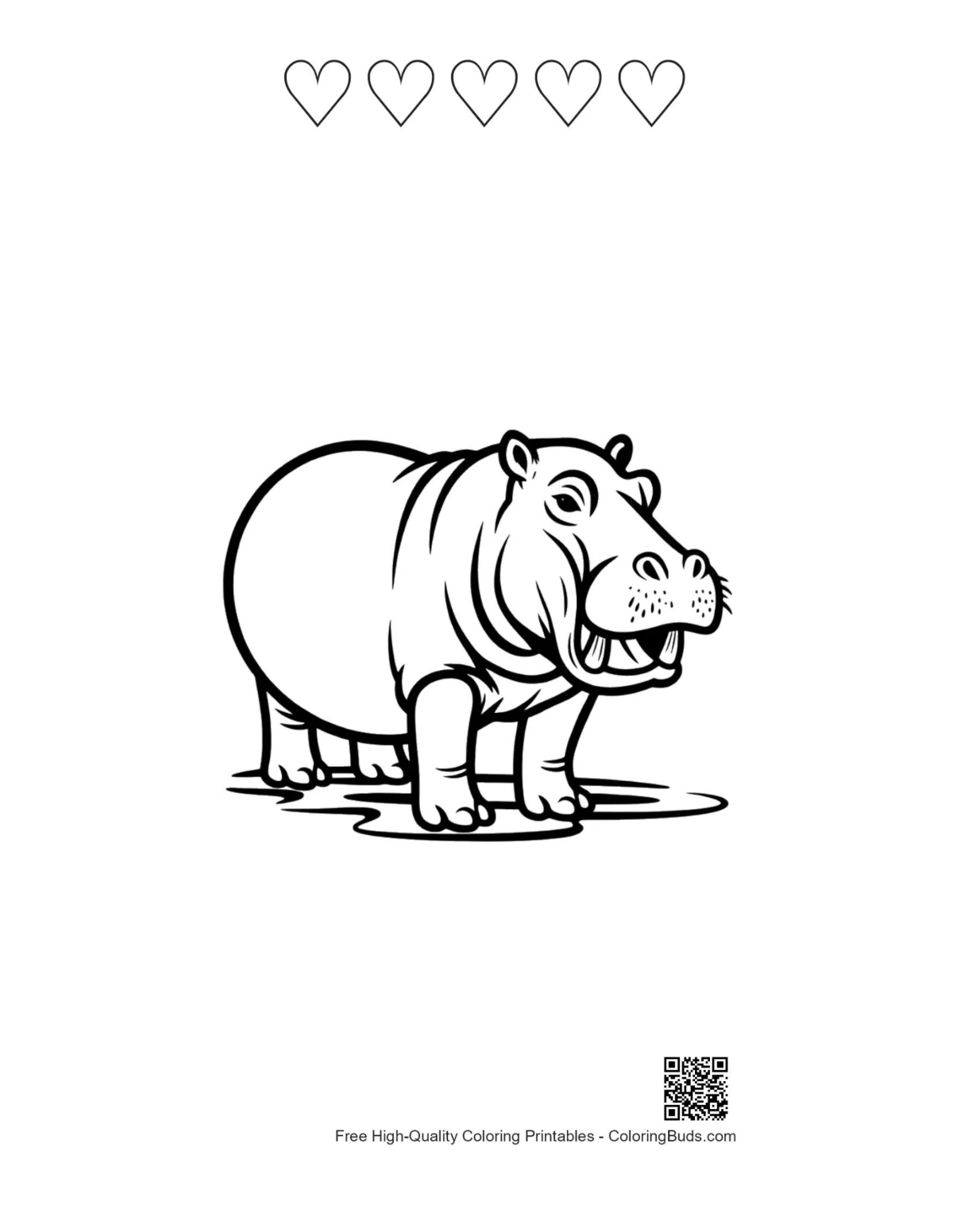 Printable hippo sheet with 5 heart outlines