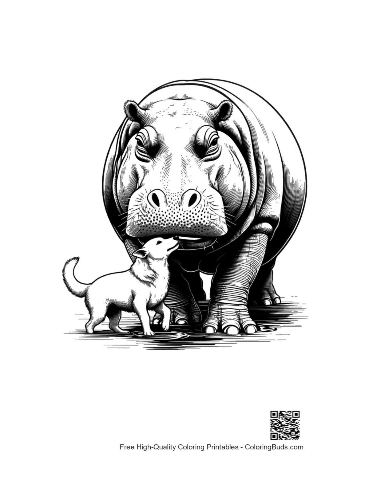 Giant hippo and tiny puppy tender moment coloring page