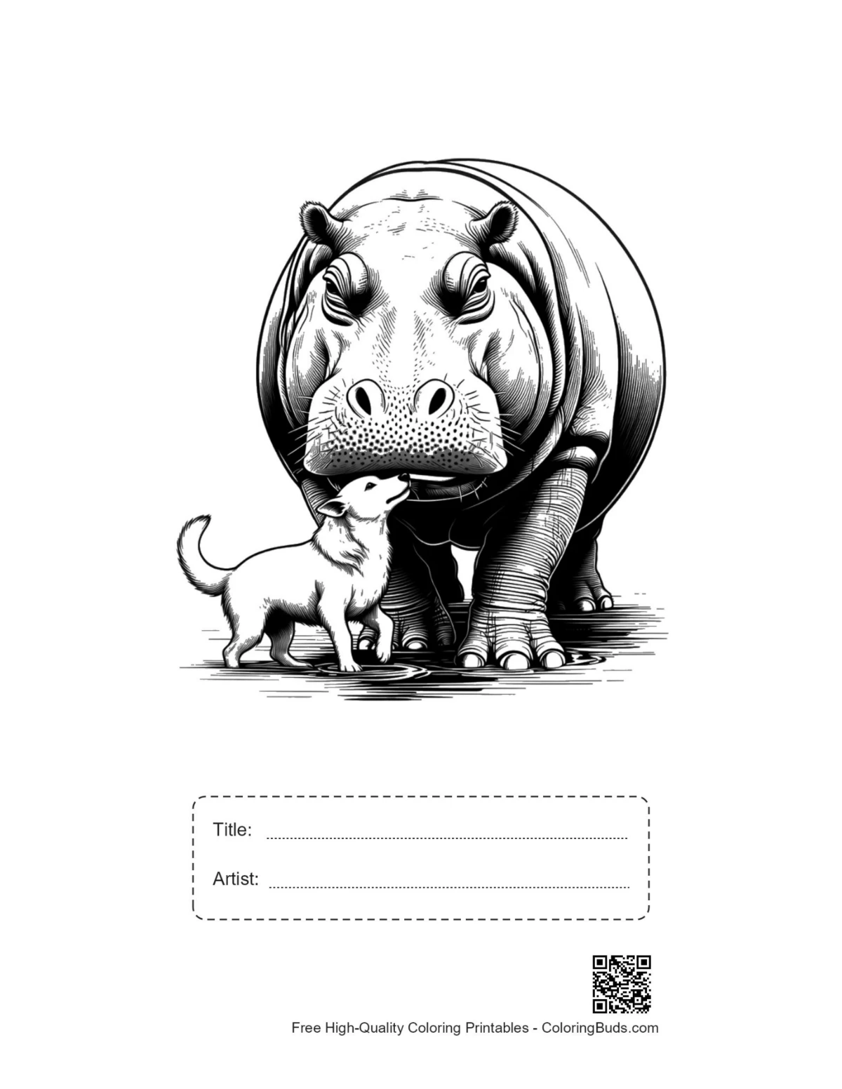 Printable hippo puppy coloring page with title box