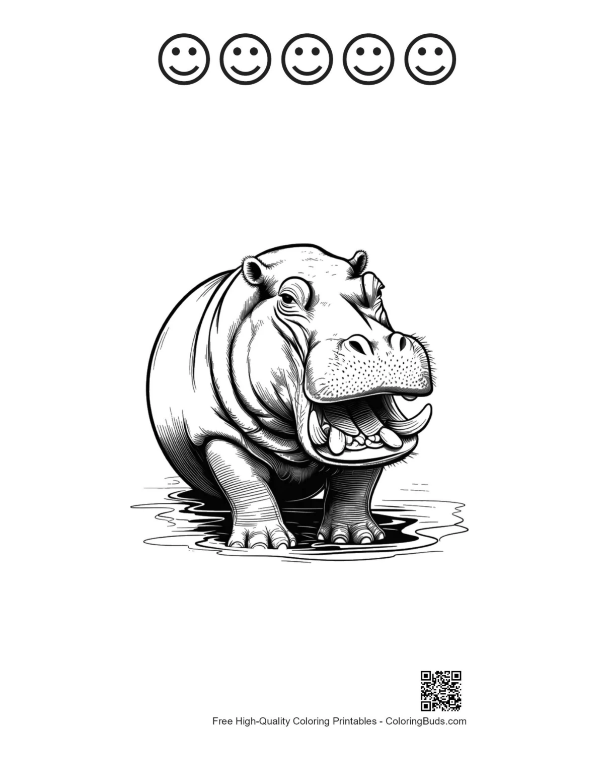 Grinning hippo with 5 happy face outlines printable