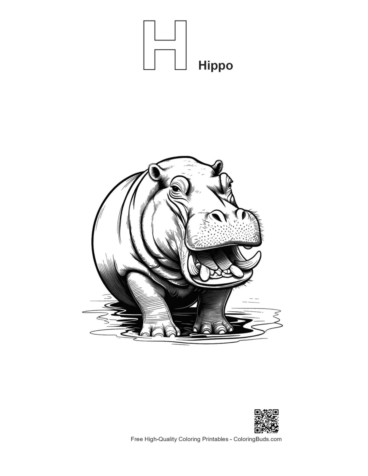 Grinning hippo outline with alphabet H for coloring