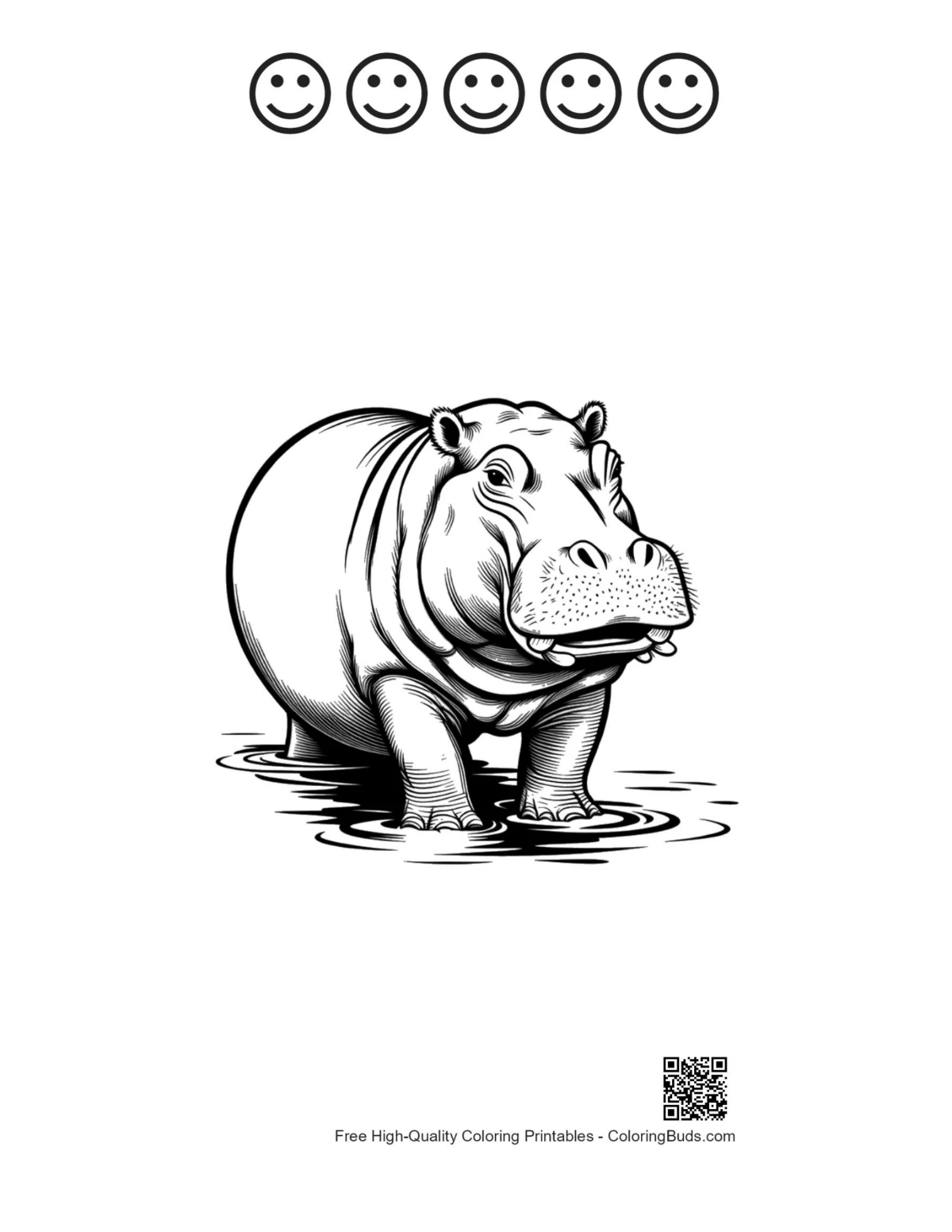 Printable hippo waters with happy faces outlines