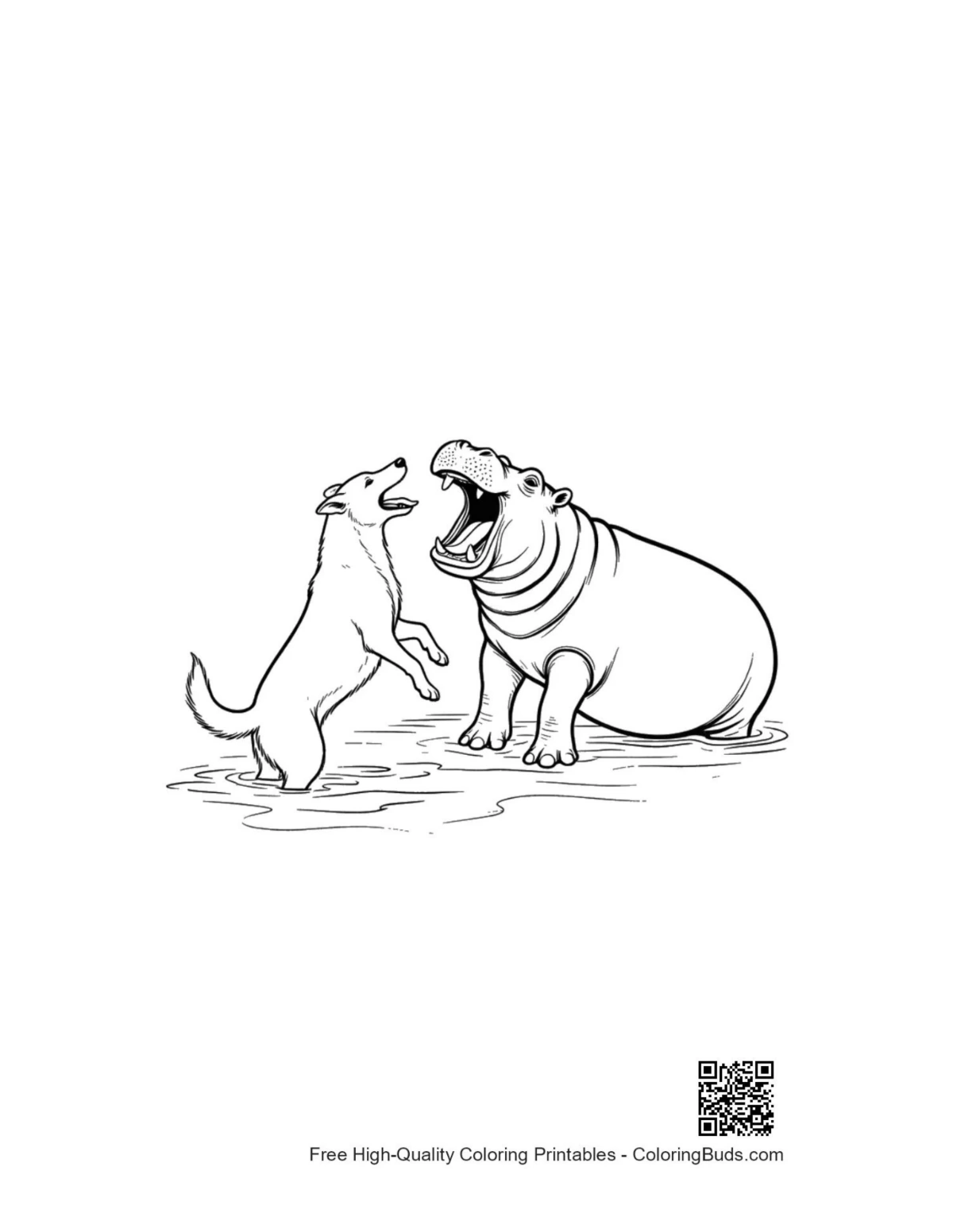Cute Husky pup roars at hippo in water coloring page