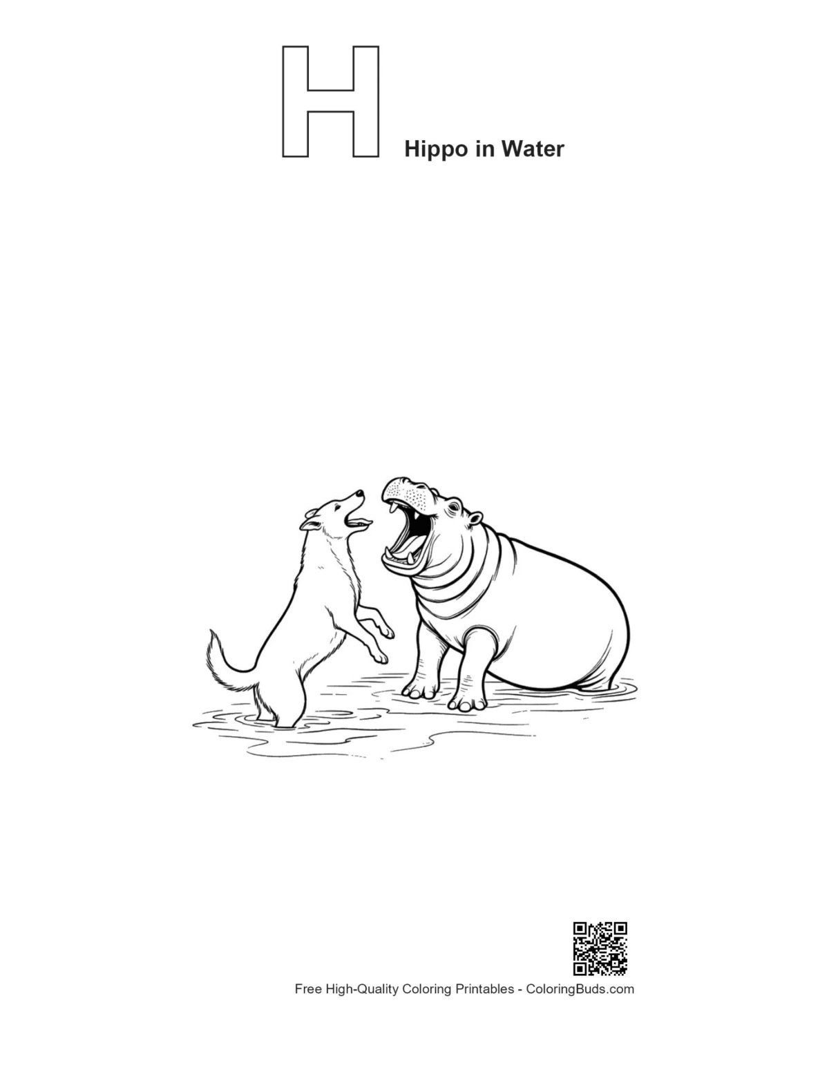 Alphabet H hippo in water outline coloring printable