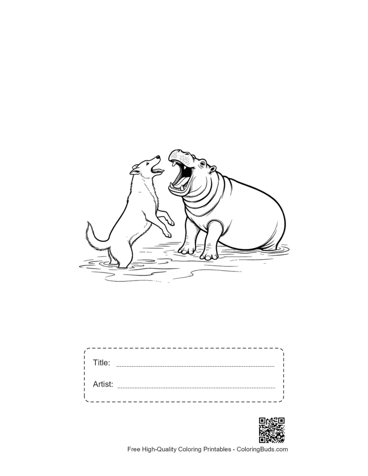 Printable Husky hippo in water sheet with title box