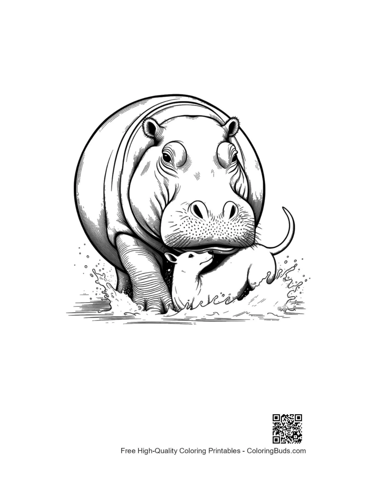 Mother hippo carrying calf splashing water coloring page