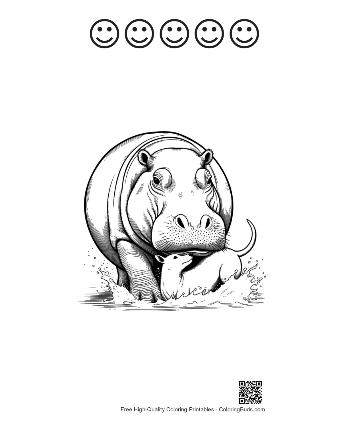Printable hippo in water with 5 happy faces outline