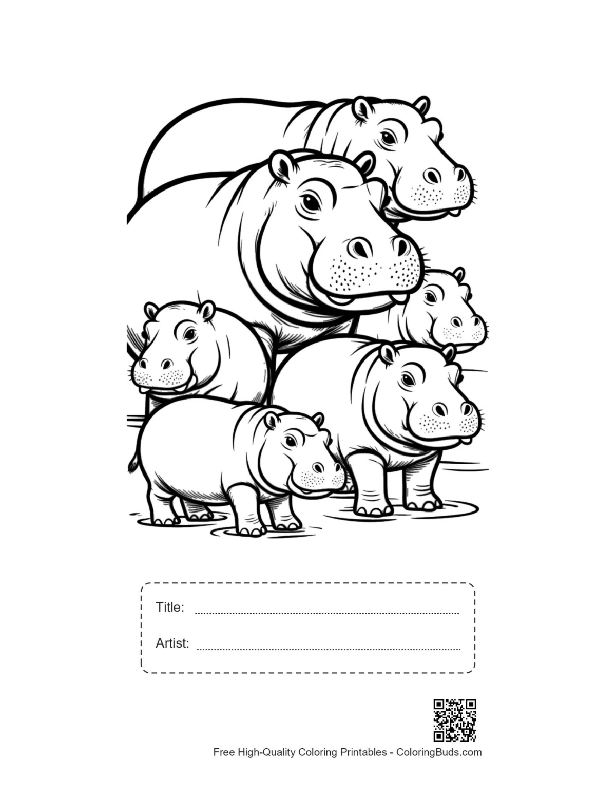 Printable hippo family sheet with title box