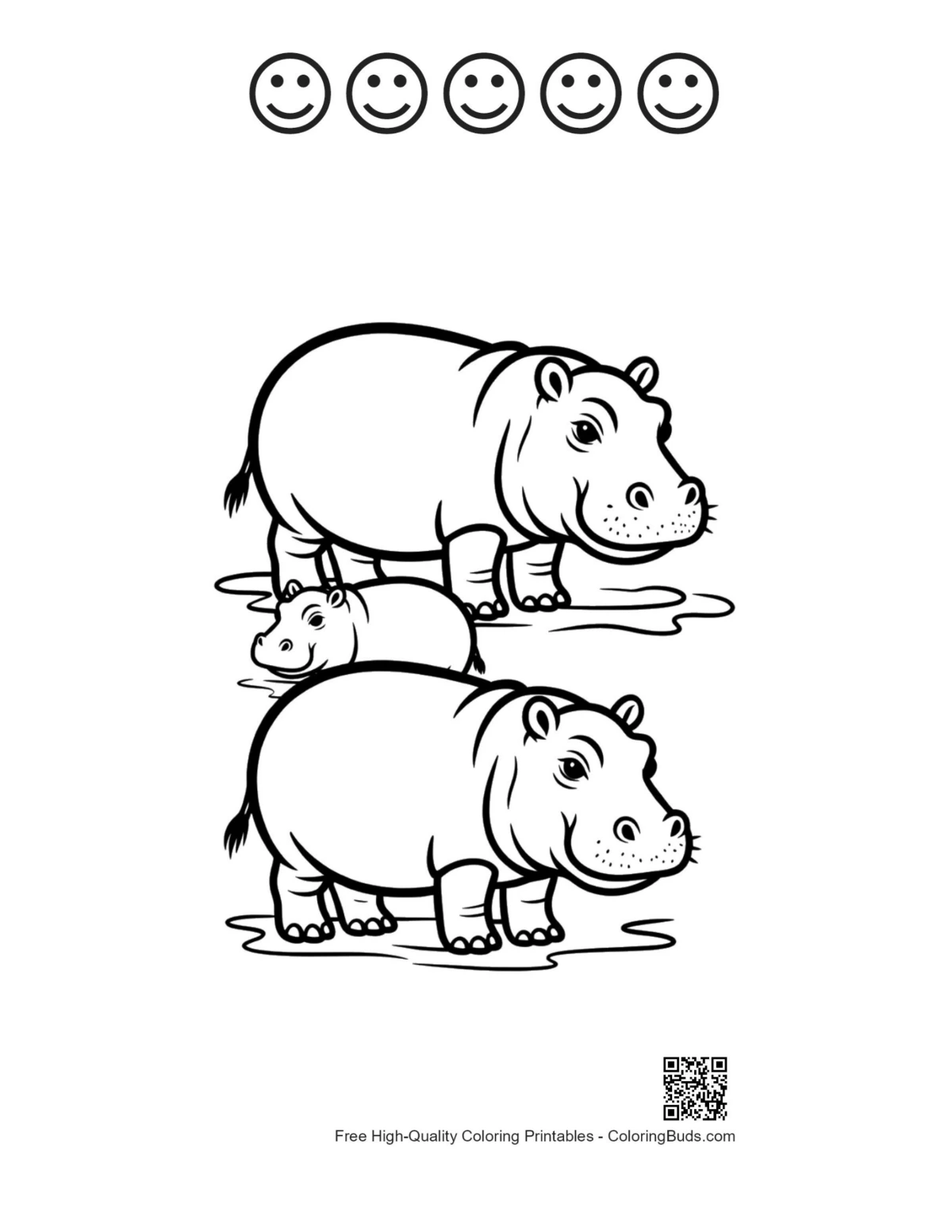 Printable hippos with happy face outlines