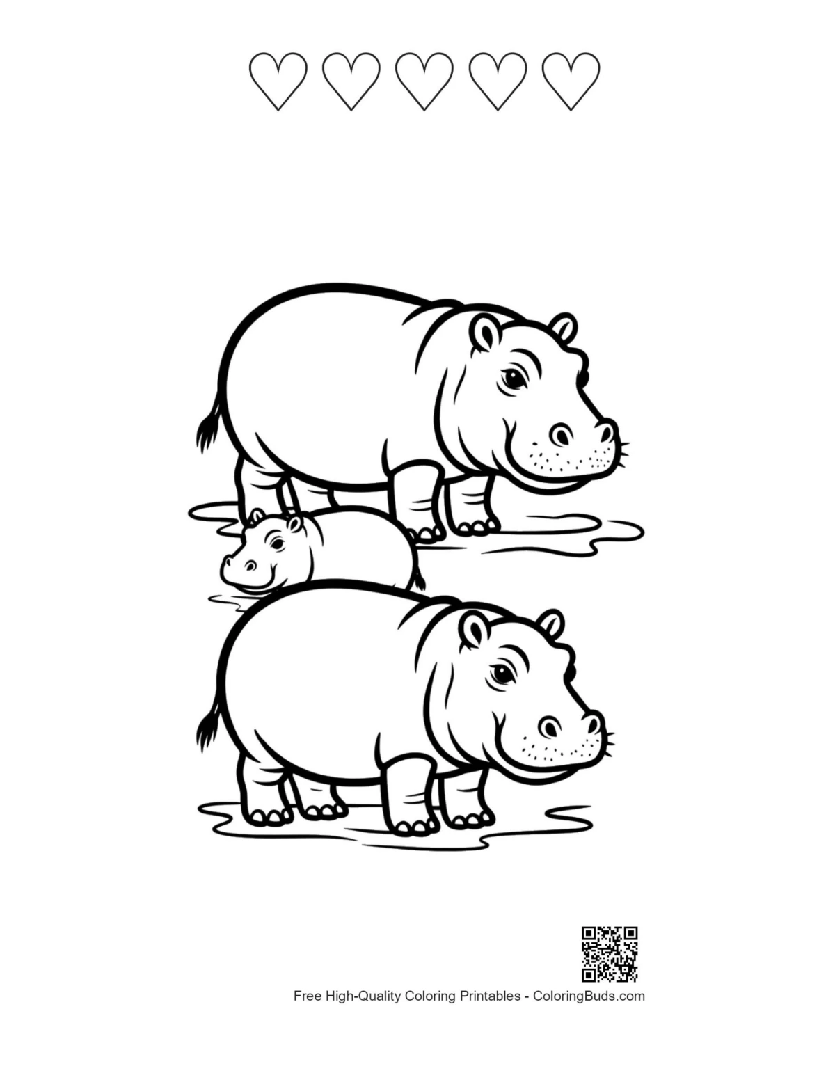 Hippo in water printable with heart outlines