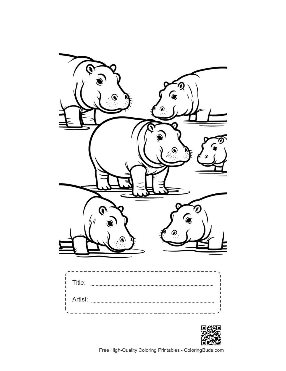 Printable hippo family sheet with title box
