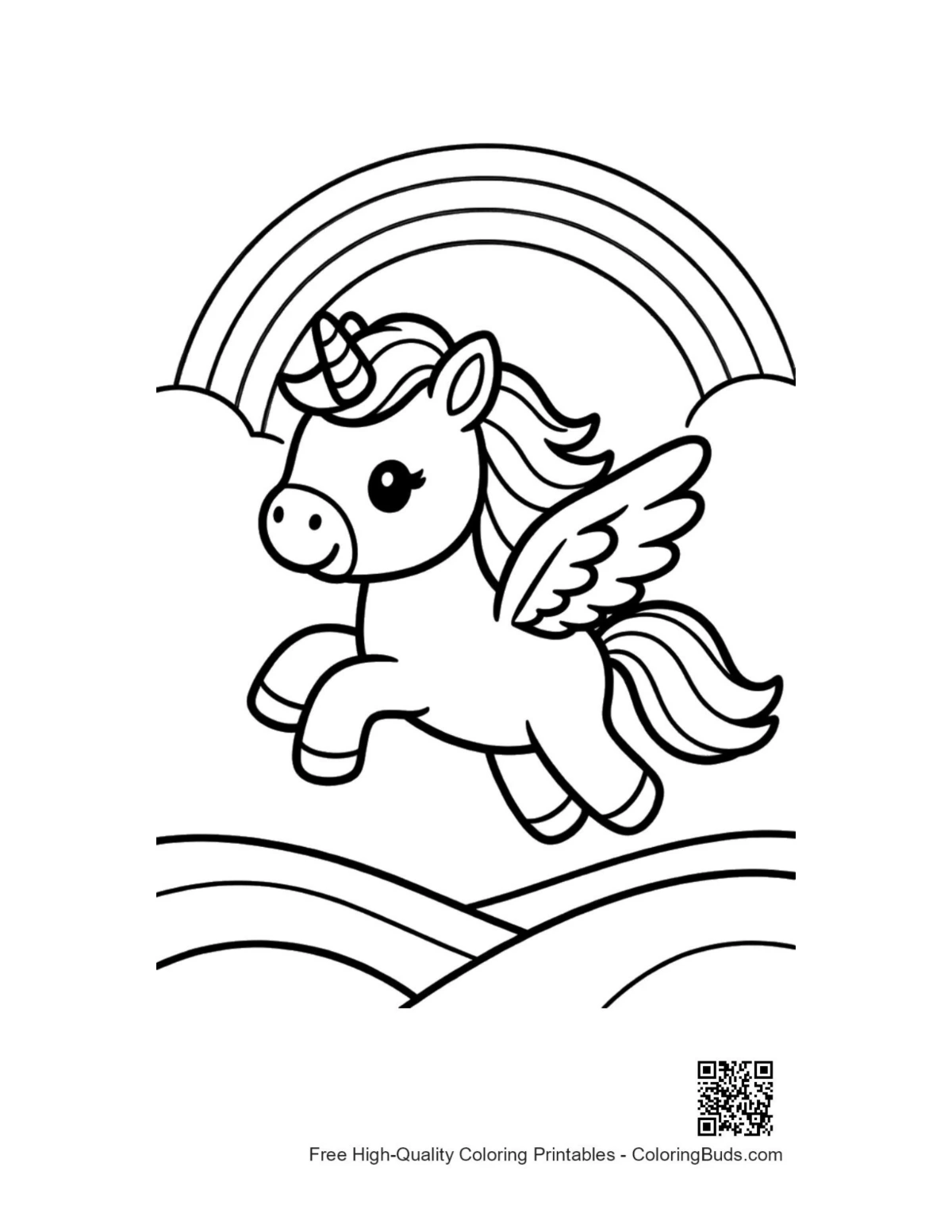 Adorable pony soaring over rainbow printable coloring page
