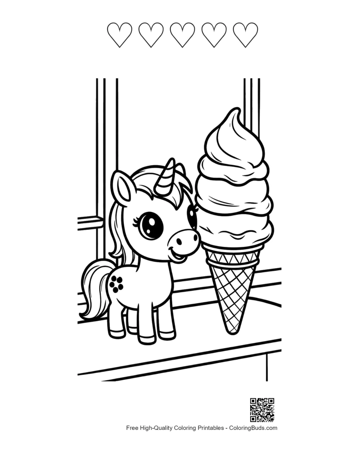 Baby pony ice cream with 5 heart outlines