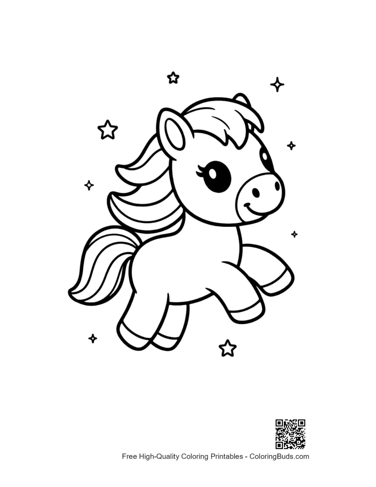 Cute pony flying in starry sky coloring page