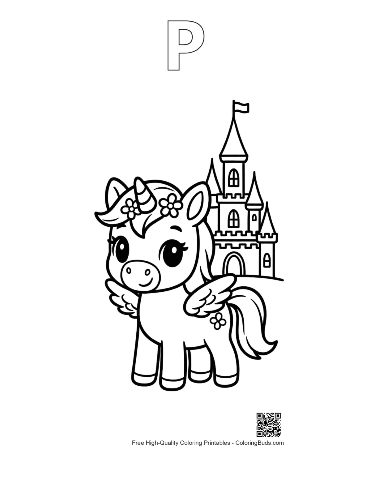 Pony coloring page with alphabet P outline